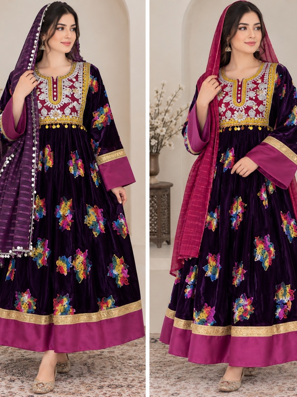 Elegant Purple Embroidered Velvet Afghan Dress with Magenta Accents